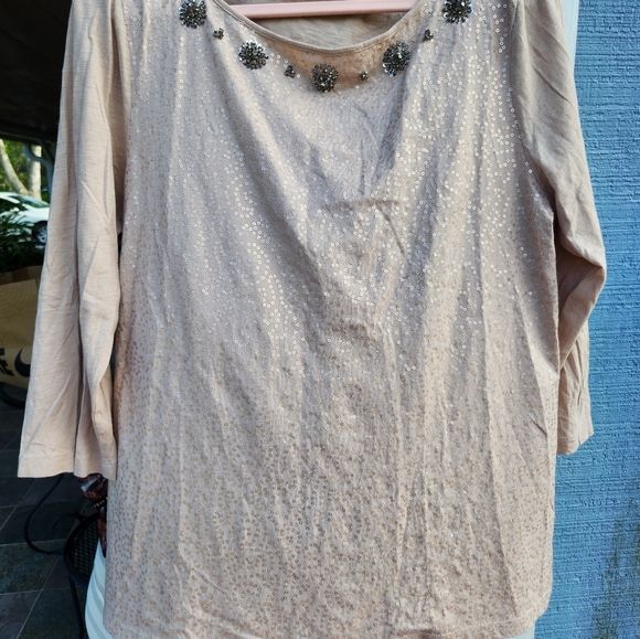 2 LOFT XL tan with sequence on the front with clusters of sequence at neckline - Picture 4 of 5